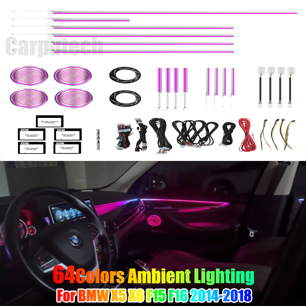 64 Colors Ambient Lighting for BMW X5 X6 F15 F16 2014-2018 Interior Lights LED Door Speaker Cover Accessories