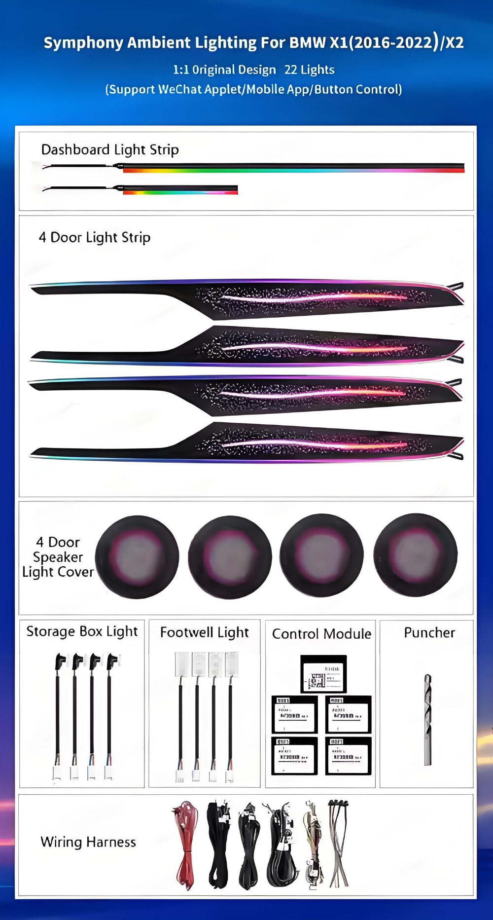 For BMW X1 X2 2016-2022 F48 F49 Dynamic Colorful Ambient Lighting Upgrade Kit for Interior LED Ambient Lighting LED Air Vent