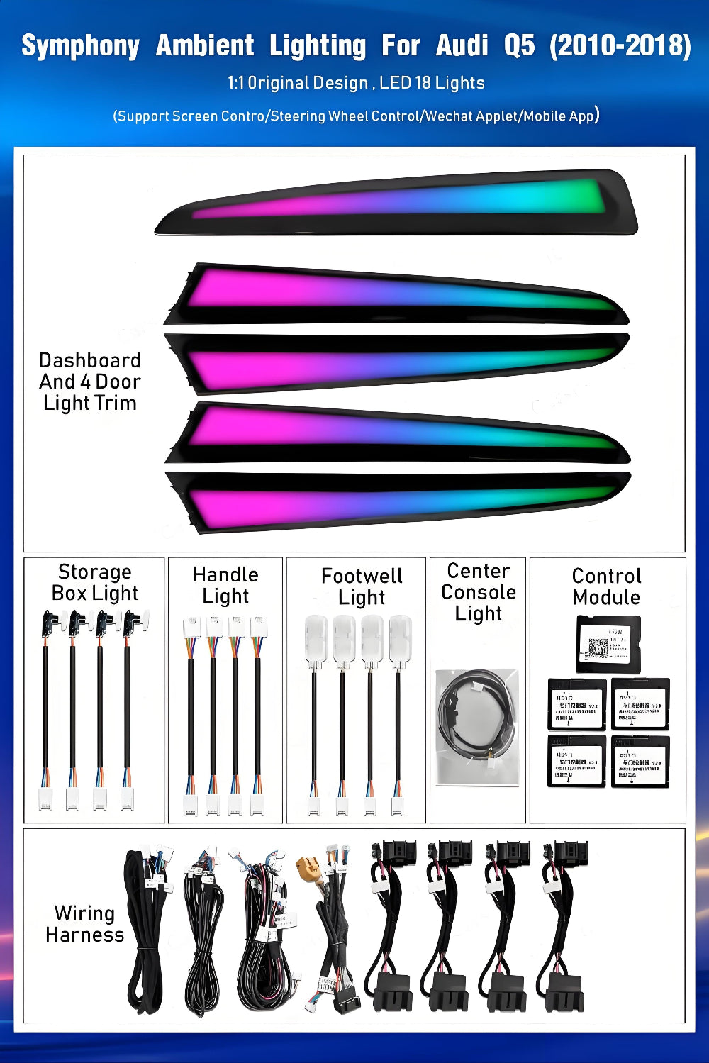 Upgrade 256 Colors Symphony Led Car Interior Ambient Lighting Decoration for Audi Q5 2010-2017 Atmosphere Strip Accessories