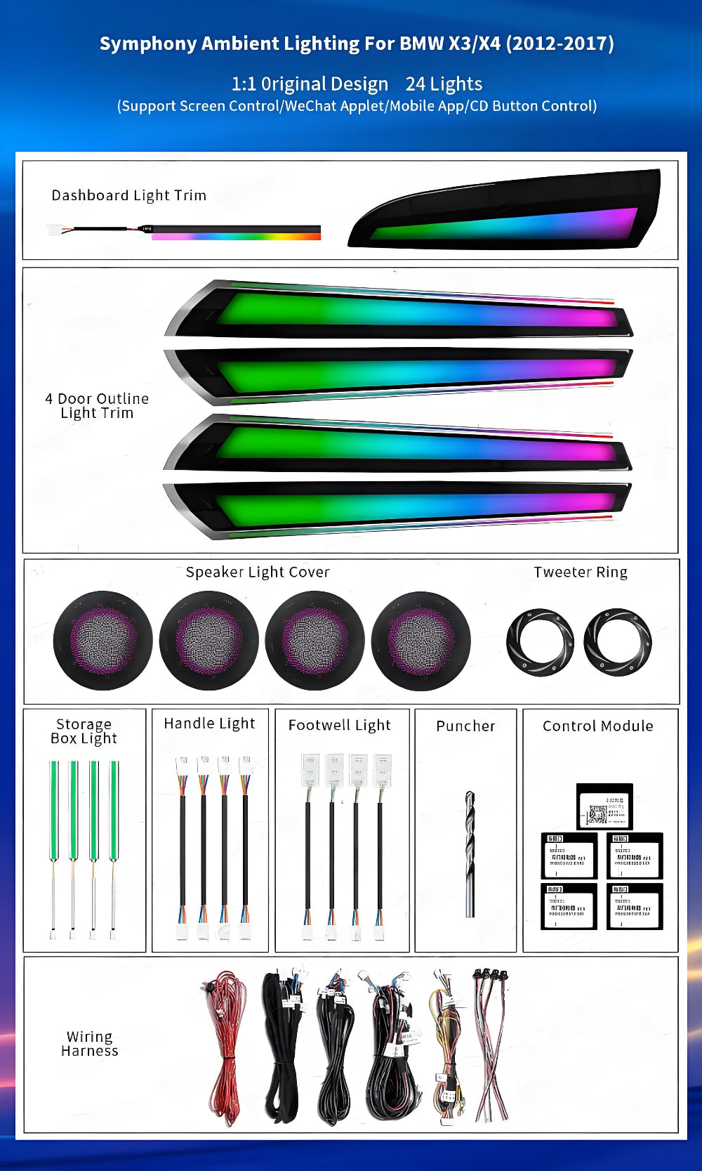 For BMW X3 X4 F25 F26 2012-2017 Upgrade 256 Colors Symphony Car Interior Ambient Lighting Air Vent Strip Accessories