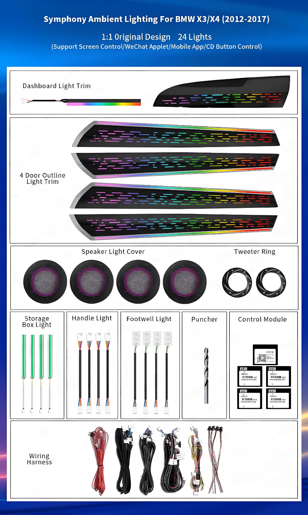 For BMW X3 X4 F25 F26 2012-2017 Upgrade 256 Colors Symphony Car Interior Ambient Lighting Air Vent Strip Accessories