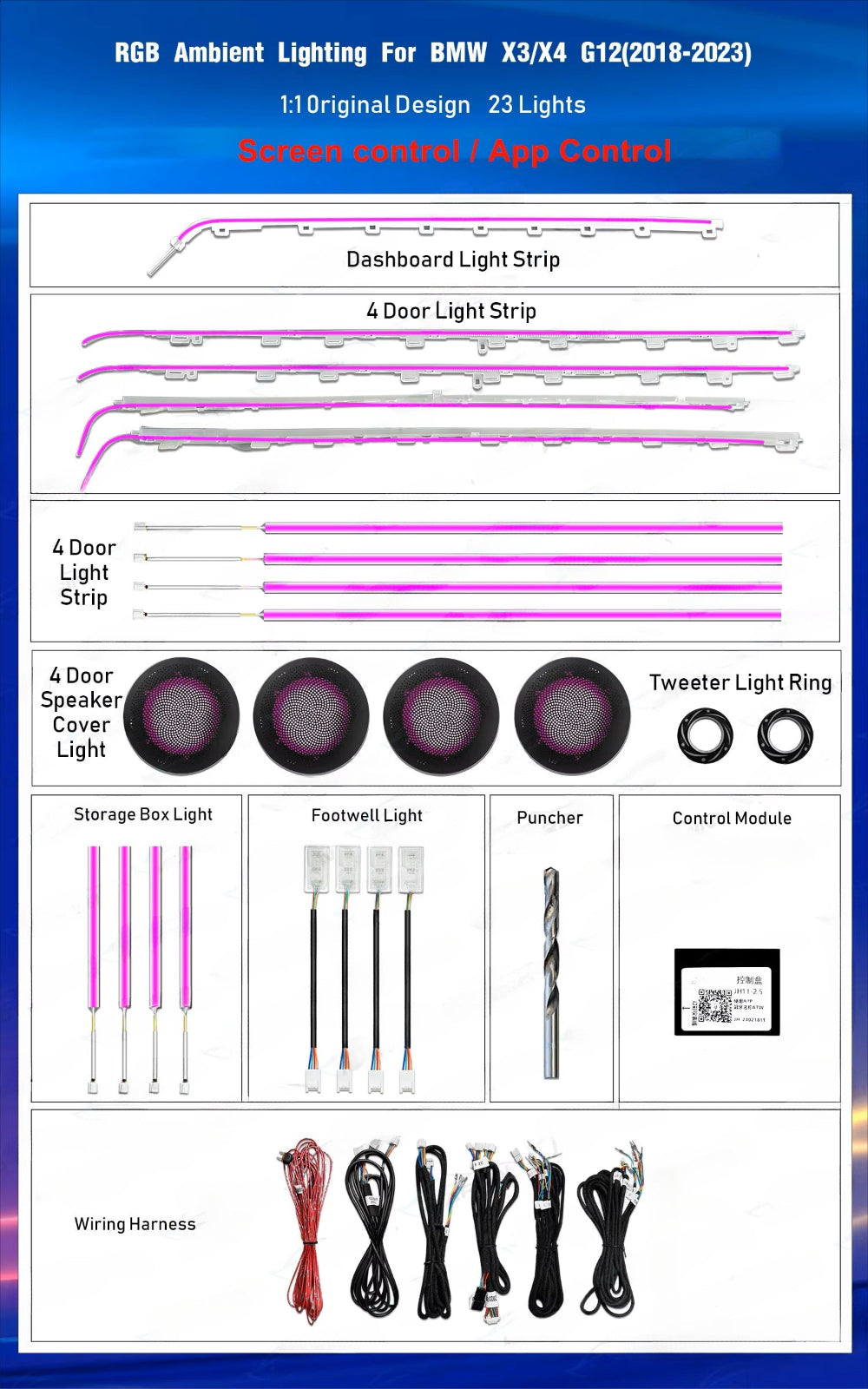 For BMW X3 X4 G01 G02 2018 - 2023 Ambient Lighting Upgrade Kit Interior LED Light Trim Accessories Atmosphere Lamp