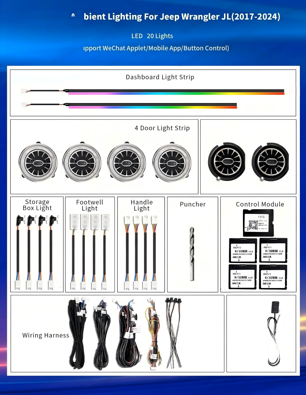 Upgrade Symphony Led Car Interior Ambient Lighting for Jeep Wrangler JL 2018-2024 Atmosphere Strip Accessories Decoration