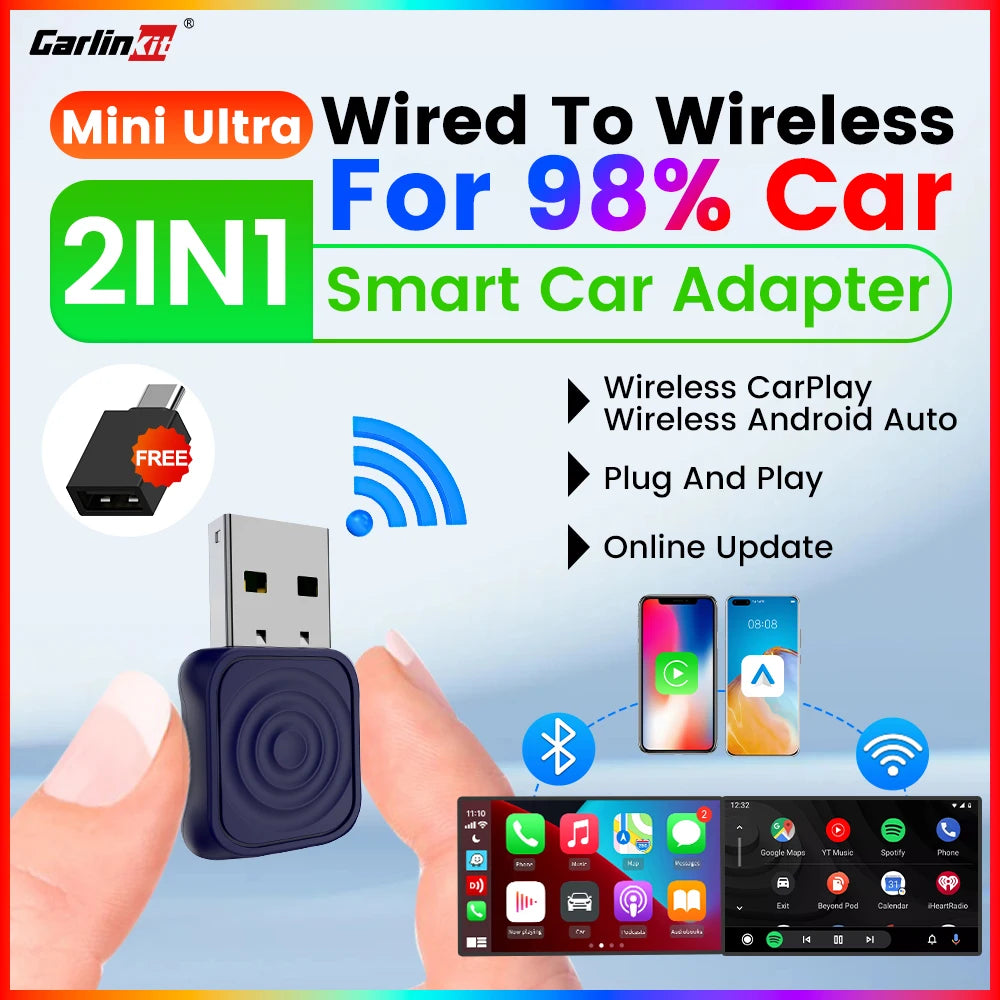 Carlinkit Mini Ultra – Ultra-Compact 2-in-1 Wireless CarPlay & Android Auto Adapter | USB-A/USB-C, 5.8 GHz Wi-Fi, OTA Firmware