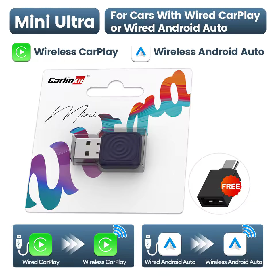 Carlinkit Mini Ultra – Ultra-Compact 2-in-1 Wireless CarPlay & Android Auto Adapter | USB-A/USB-C, 5.8 GHz Wi-Fi, OTA Firmware