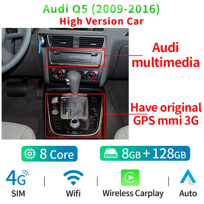 12.3" 8 Core Android 12 Auto GPS Navi Player For Audi Q5 2009-2016 HD 1920*720 8+128GB WIFI SIM Carplay Radio Multimedia Stereo