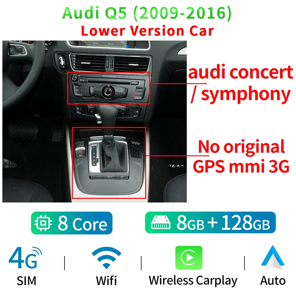 12.3" 8 Core Android 12 Auto GPS Navi Player For Audi Q5 2009-2016 HD 1920*720 8+128GB WIFI SIM Carplay Radio Multimedia Stereo