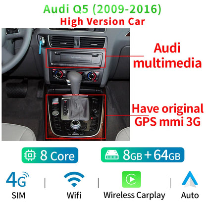 12.3" 8 Core Android 12 Auto GPS Navi Player For Audi Q5 2009-2016 HD 1920*720 8+128GB WIFI SIM Carplay Radio Multimedia Stereo