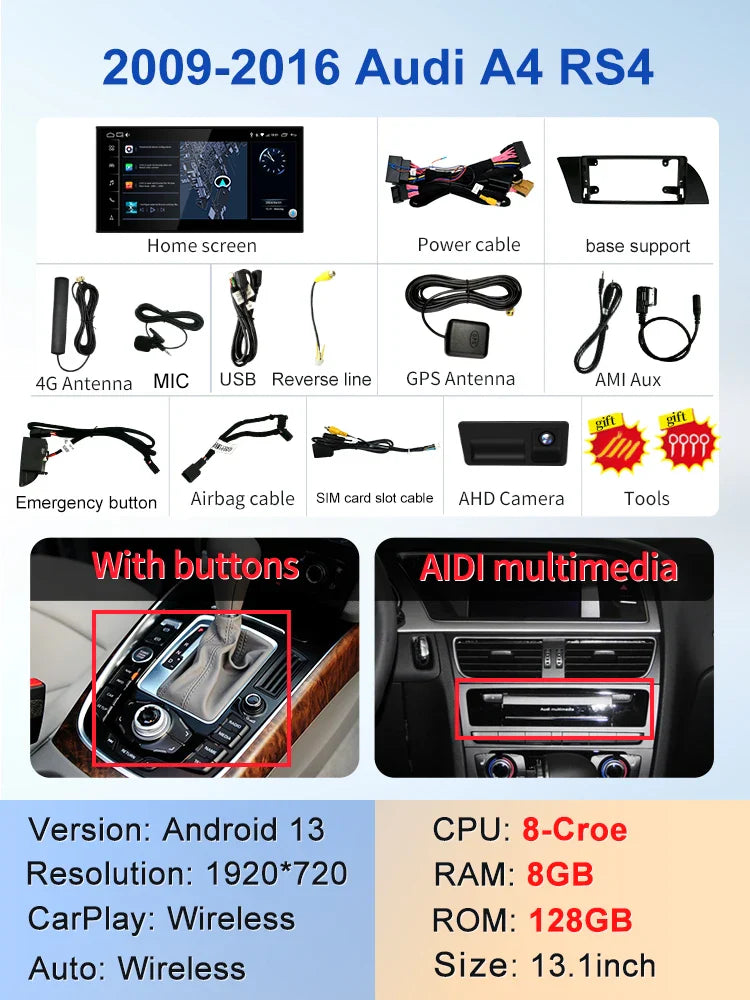 2024 New Qualcomm Snapdragon665 Android13 Wireless AUTO Carplay For AUDI A4 A5 B8 Q5 Car Video Players GPS Navigation Multimedia 13.1inch Screen