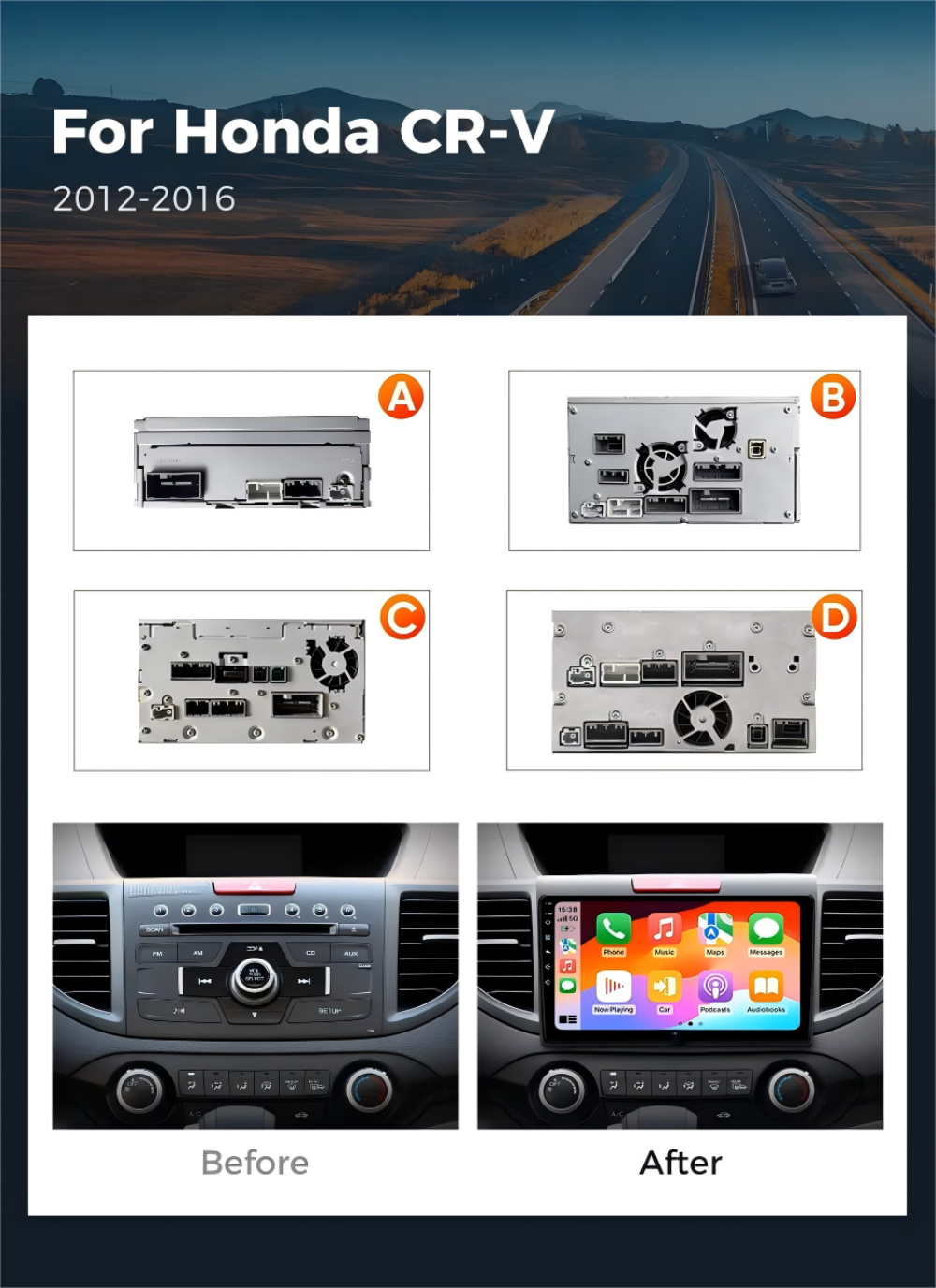 For Honda CRV 2012-2016 Infotainment Navigation System Car Multimedia Touch Screen Head Unit Android14 Car Radio GPS