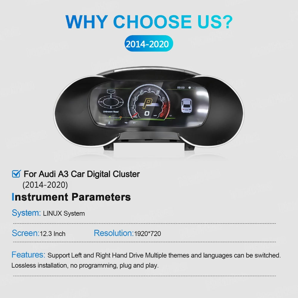 For Audi A3 2014-2020 12.3" LCD Digital Dashboard Cluster Car Panel Speedometer Virtual Cockpit