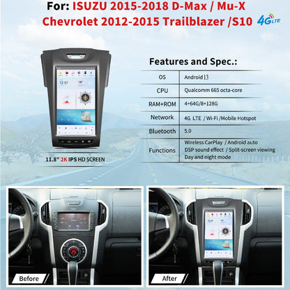 11.8" For ISUZU D-MAX/MU-X 2015-2018 Car Radio Headunit Stereo Carplay Upgrade Tesla Style Screen Android Auto GPS Navigation Multimedia Player