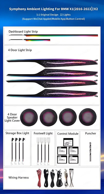 For BMW X1 X2 2016-2022 F48 F49 Dynamic Colorful Ambient Lighting Upgrade Kit for Interior LED Ambient Lighting LED Air Vent