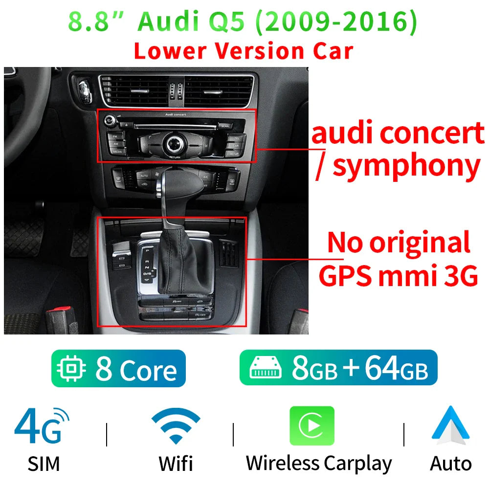 8.8inch 8 Core Android 13 System Car Radio Stereo For Audi Q5 2009-2016 WIFI 4G 8+128GB Carplay BT Touch Screen GPS Navi Receiver