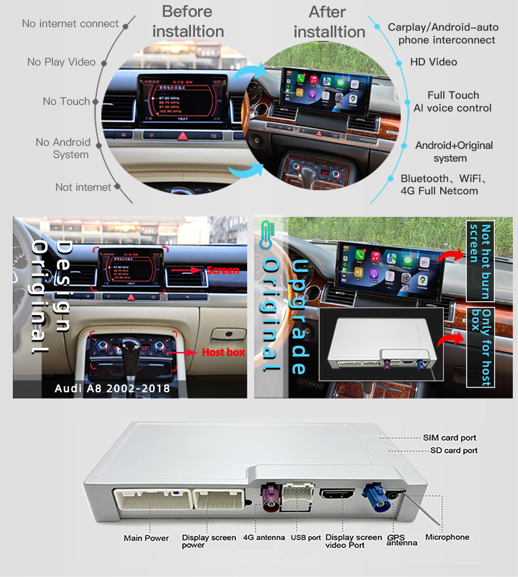 Carputech for Audi A8 S8 D3 D4 2002-2018 Android13.0 Radio Upgrade 12.3"Blu-Ray TouchScreen Stereo Carplay Auto WiFi SAT NAV