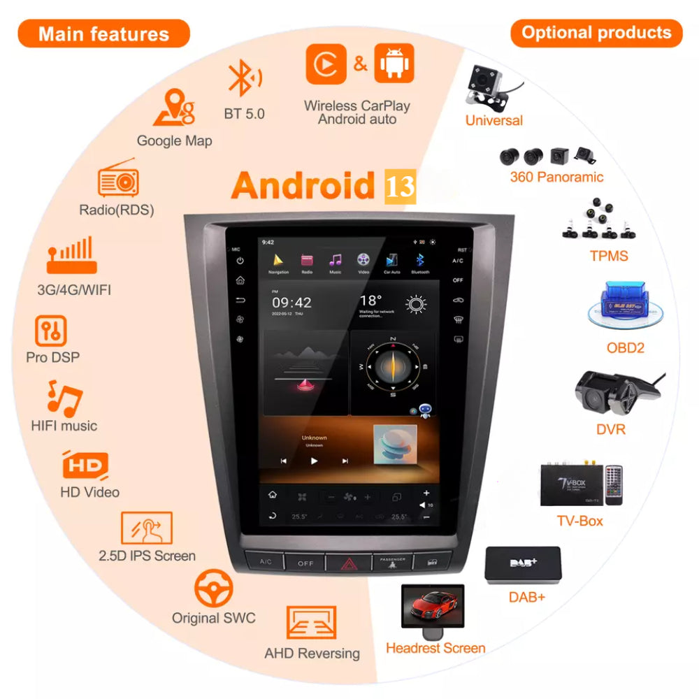 12.1" Qualcomm For Lexus GS450 2004-2011 Car Radio Stereo Carplay Upgrade Tesla Style Screen Android Auto GPS Navigation Multimedia Player