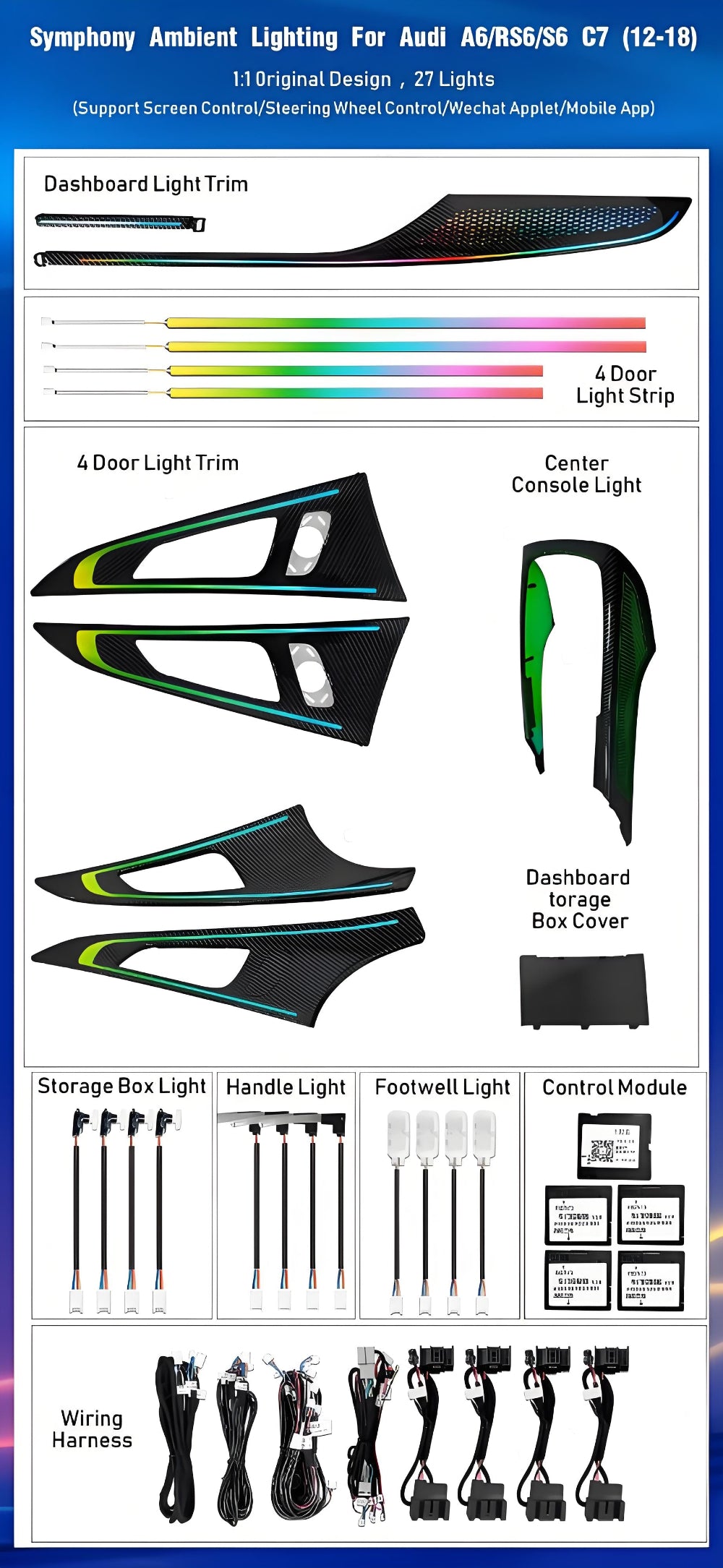 Upgrade 256 Colors Symphony Led Car Interior Ambient Light Decoration for Audi A6/S6/RS6 C7 2011-2018 Trim Accessories