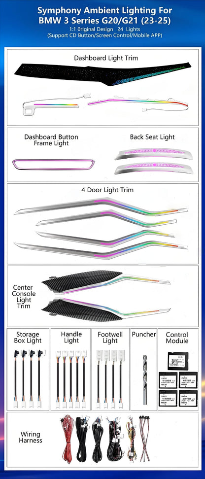 64 Colors LED Car Interior Ambient Lighting for BMW 3 Series 2020-2025 Atmosphere Strip Accessories Upgrade