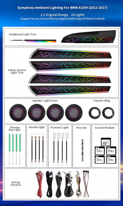 For BMW X3 X4 F25 F26 2012-2017 Upgrade 256 Colors Symphony Car Interior Ambient Lighting Air Vent Strip Accessories