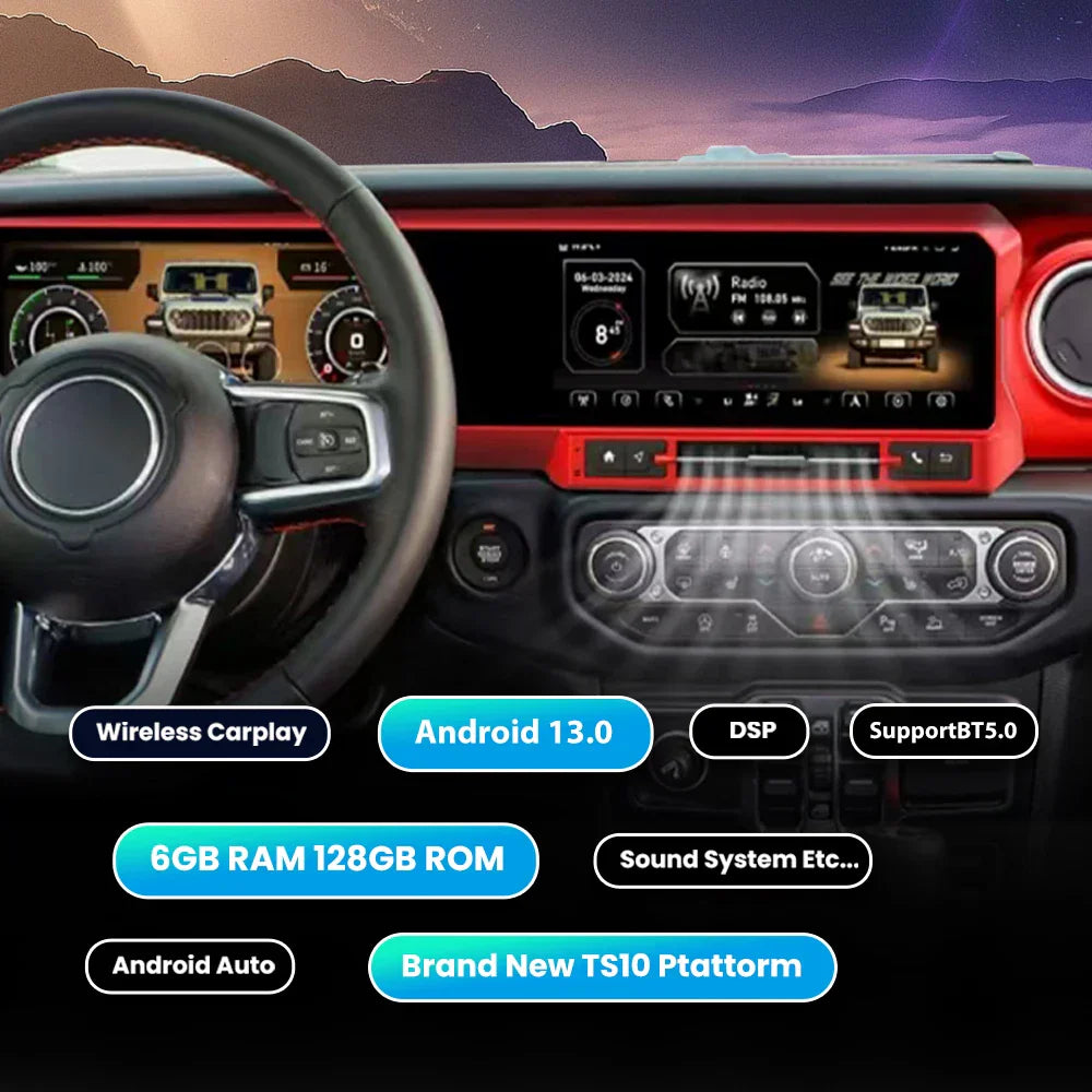 Jeep Wrangler 2018-2024 Digital Dashboard Cluster Dual Screen Car Radio Strip Screen CarPlay Android Auto Speed Meter Screen