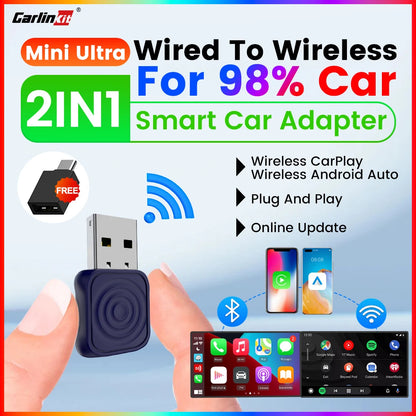 Carlinkit Mini Ultra – Ultra-Compact 2-in-1 Wireless CarPlay & Android Auto Adapter | USB-A/USB-C, 5.8 GHz Wi-Fi, OTA Firmware