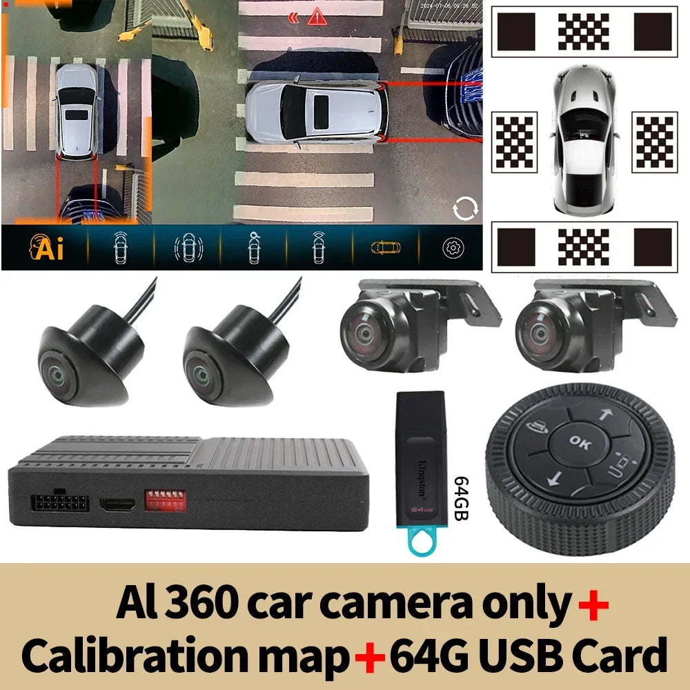 Carputech 360 degree panoramic view HD 1080P AI Intelligent Object Recognition Reminder 3D Bird Eye View Car Camera System
