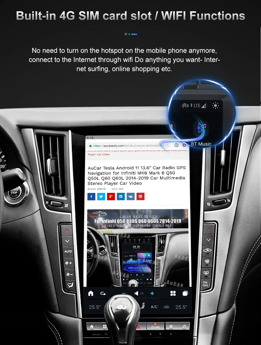 13.6" Qualcomm For Infiniti Q50 Q50S 2014-2019 Car Radio Stereo Carplay Upgrade Tesla Style Screen Android Auto GPS Navigation Multimedia Player