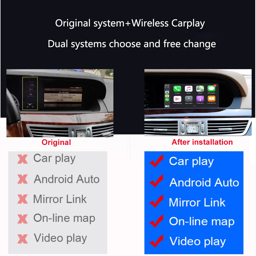 Wireless CarPlay For Mercedes Benz NTG3.0 NTG3.5 W221 S CL Class 2006-2013 Android Auto Mirror Link Radio Player