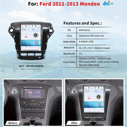 10.4" For Ford Mondeo 2011-2013 Car Radio Headunit Stereo Carplay Upgrade Tesla Style Screen Android Auto GPS Navigation Multimedia Player