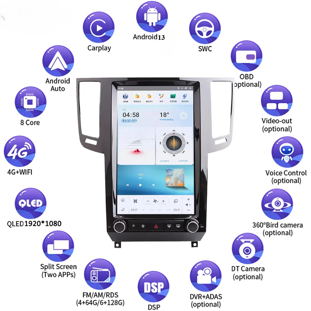 13.6" Qualcomm For Infiniti FX35 2009-2016 Car Radio Stereo Carplay Upgrade Tesla Style Screen Android Auto GPS Navigation Multimedia Player