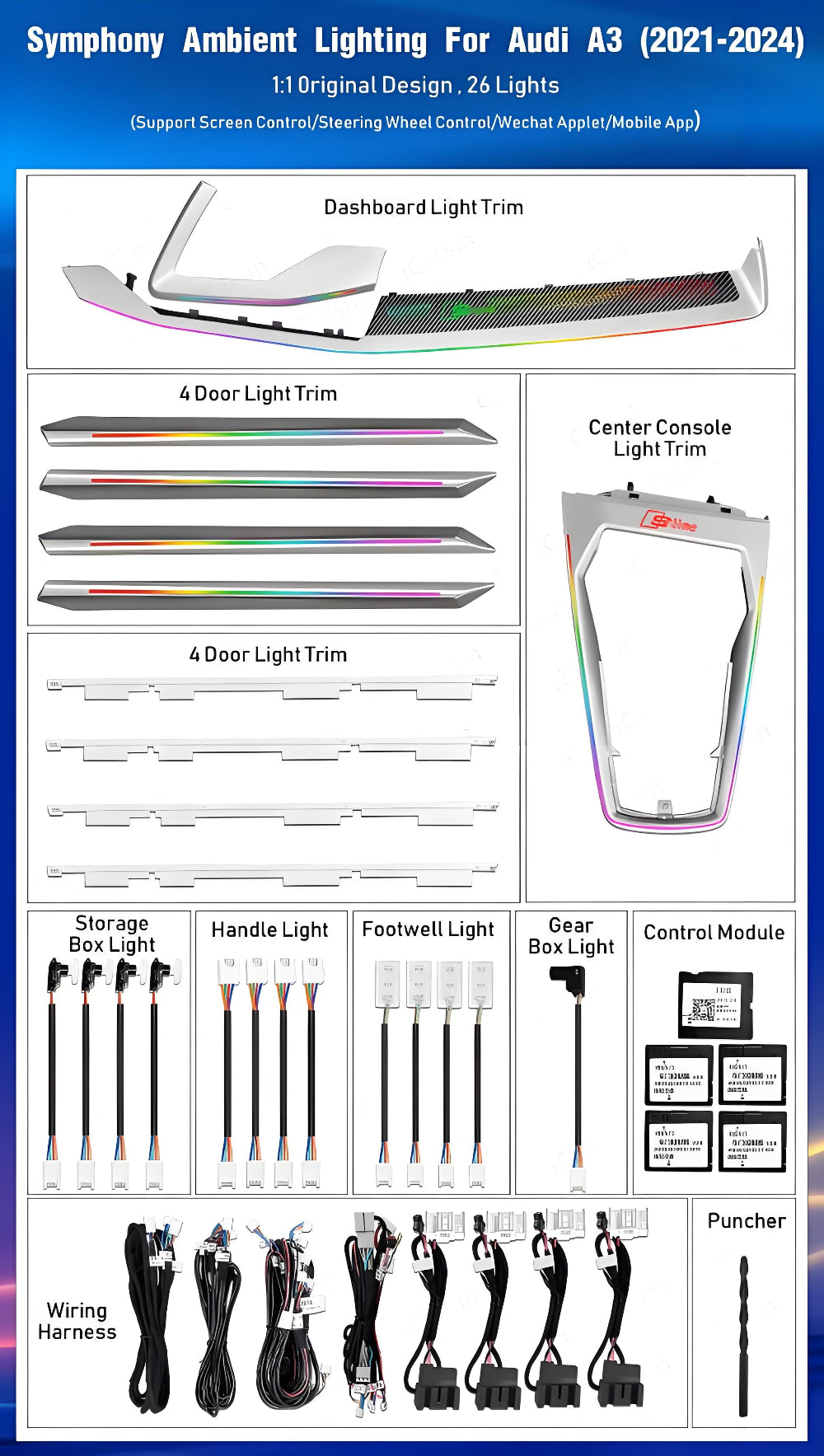 Upgrade Symphony 256 colors Led Car Interior Ambient Light Decoration for Audi A3 2021-2024 Carbon Fiber Pattern Trim Accessories
