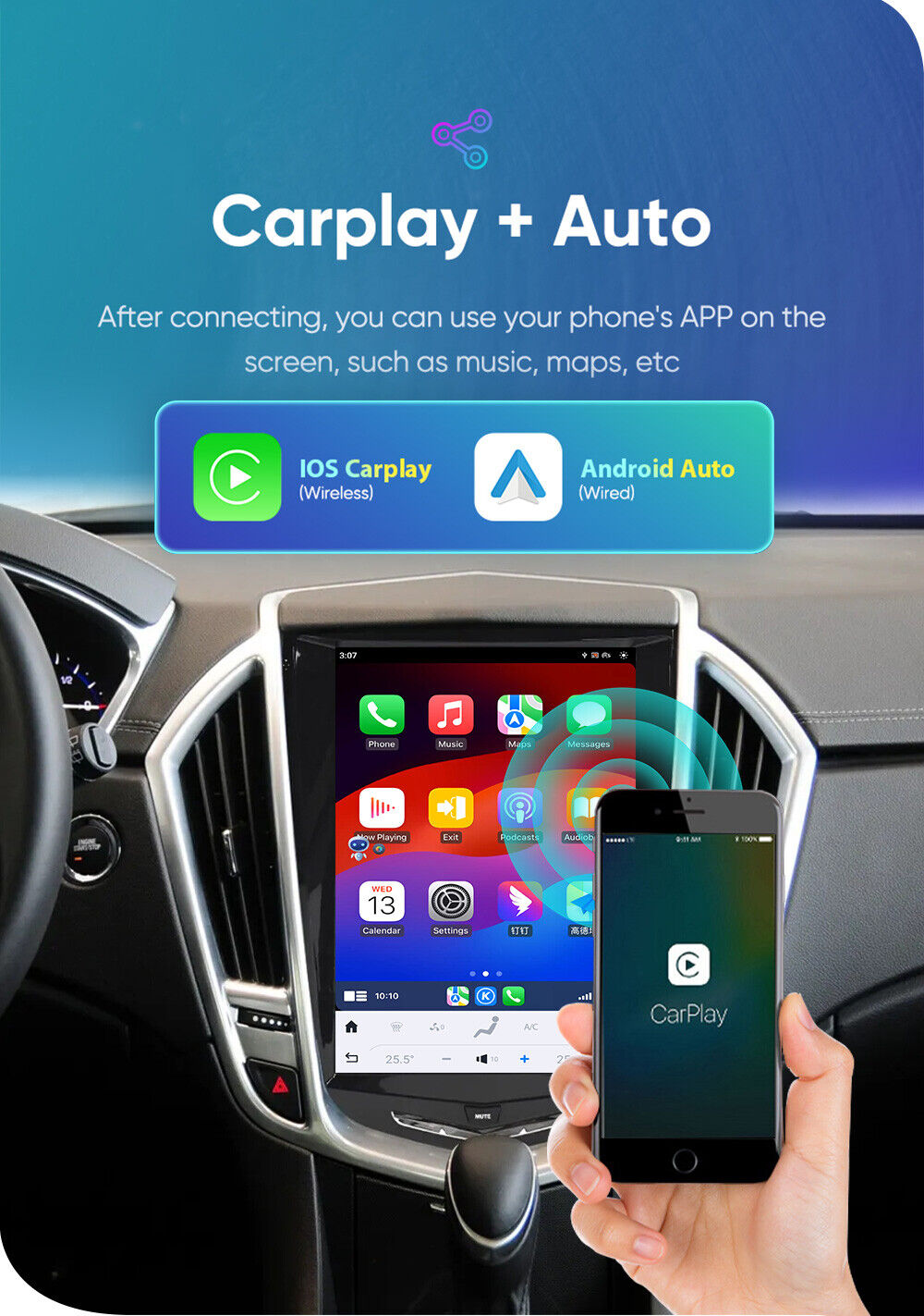 10.5" Qualcomm For Cadillac ATS CTS XTS SRX Escalade 2013-2018 Car Radio Stereo Carplay Upgrade Tesla Style Screen Android Auto GPS Navigation Multimedia Player
