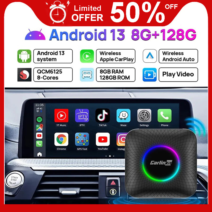 CarlinKit 3-in-1 AI Box – Android 13 – Draadloze CarPlay/Android Auto Adapter – Netflix, YouTube En Meer – Qualcomm 8-core